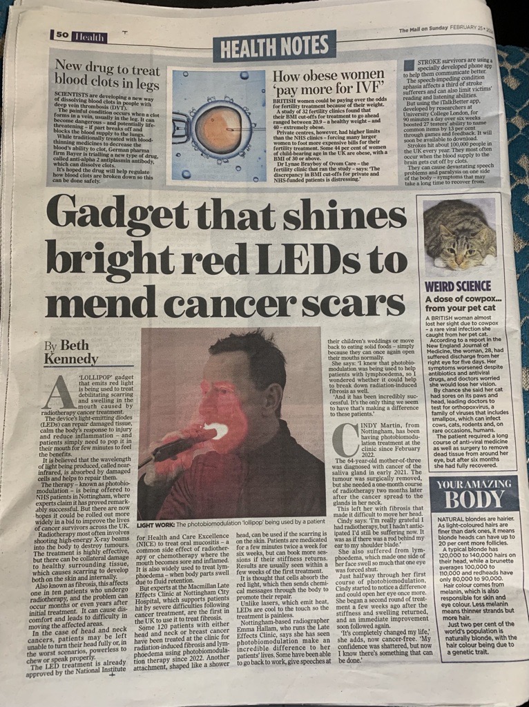 Gadget that shines bright red LEDs to mend cancer scars now being used to treat debilitating scarring and swelling in the mouth caused by radiotherapy